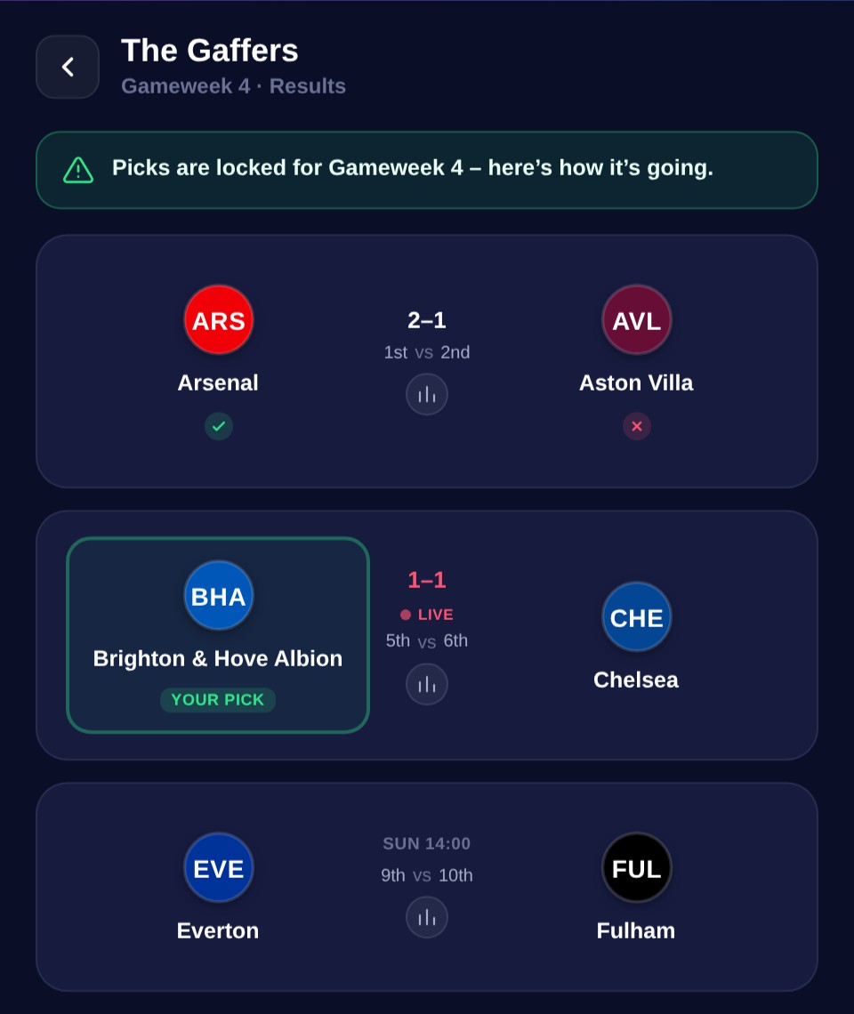 One More Week showing a gameweek in progress, with a live 1-1 scoreline updating next to the player's pick, marked with a pulsing LIVE tag